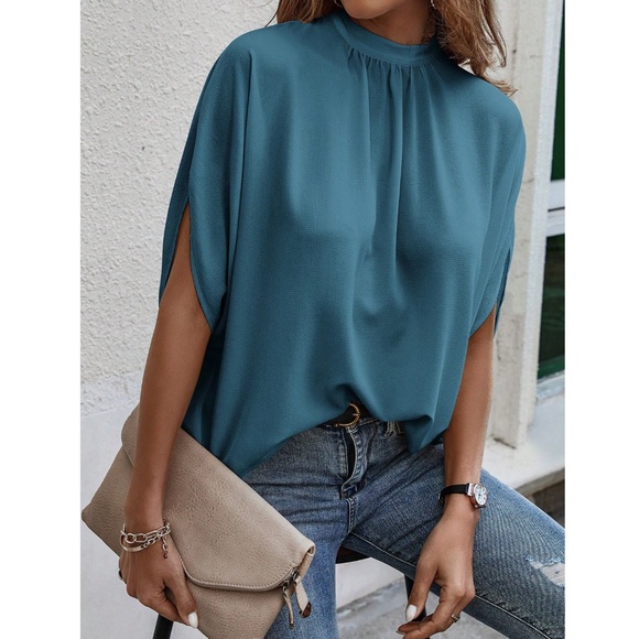 Teall Blue Blouse Top Flowy, High Neck - Picture 3 of 13
